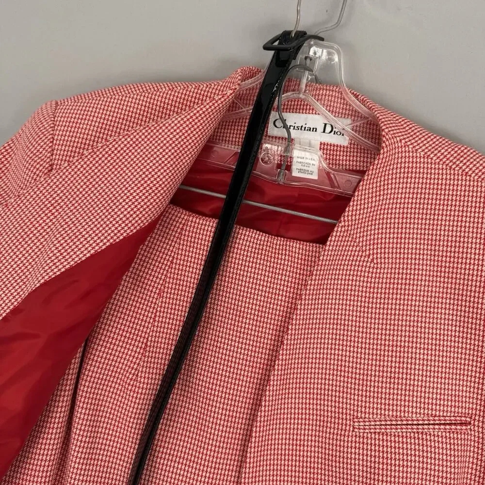 Vintage Christian Dior Houndstooth Skirt Suit Set Red White Jacket Sz 14 USA